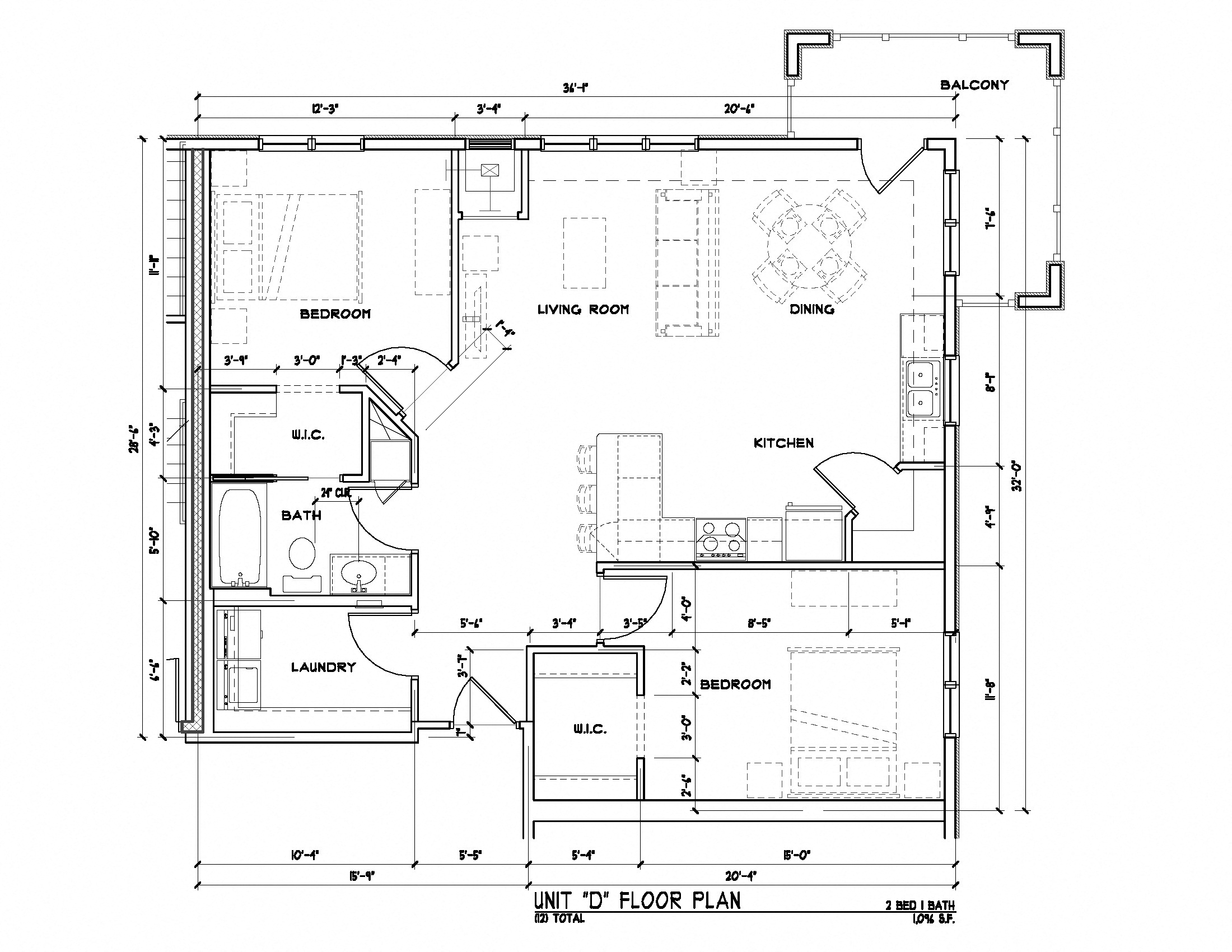 Floor plan for 2 beds, 1 bath, 1096 sqft